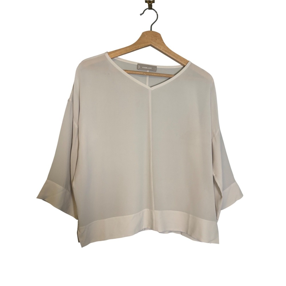 Everlane 100% Silk V-Neck Boxy Blouse Off White Size 0 Kimono Sleeve - Picture 2 of 7